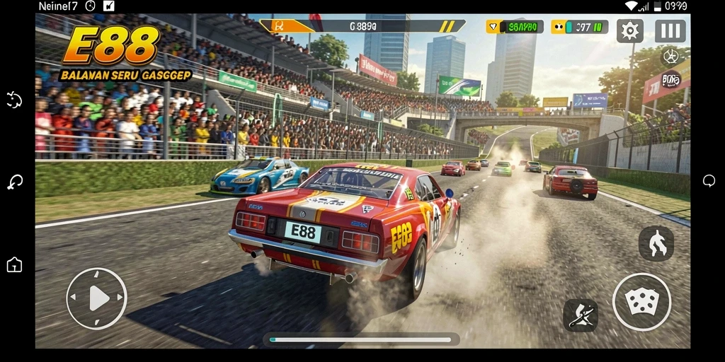 Tampilan gameplay balapan yang mendebarkan di E88.