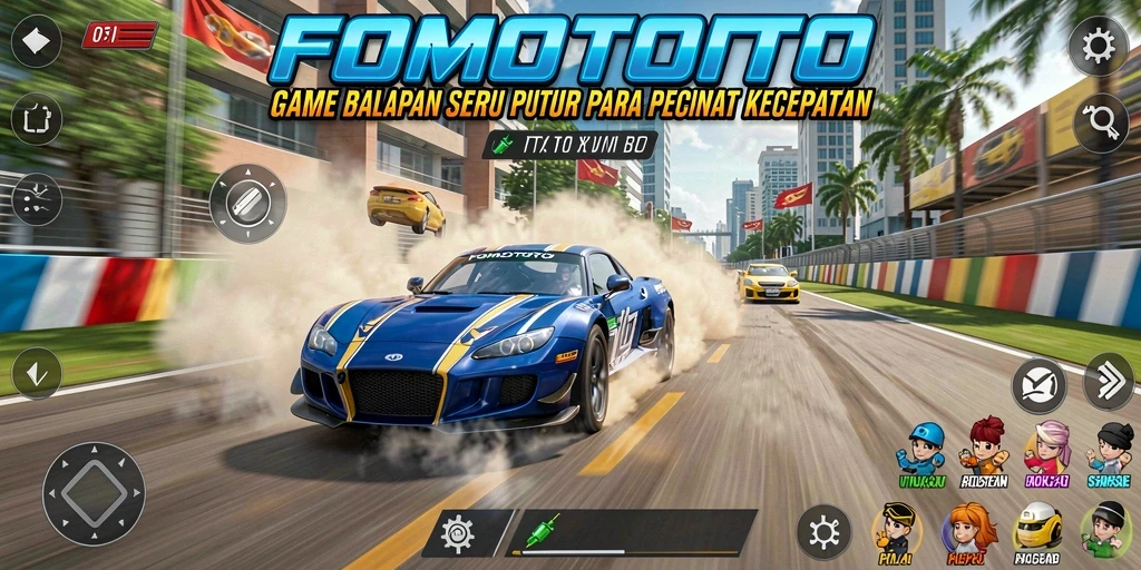 Screenshot gameplay FOMOTOTO dengan mobil balap di trek menantang.