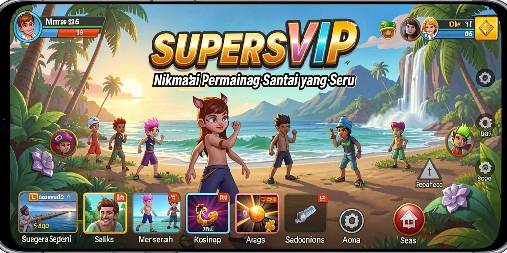 Screenshot permainan SUPERSVIP dengan karakter lucu dan tantangan menarik.