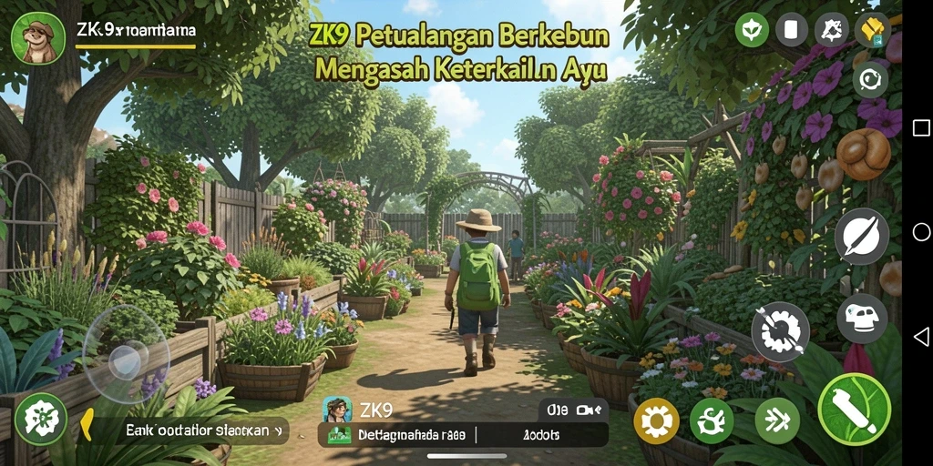 Tangkapan layar gameplay ZK9 yang menampilkan kebun yang subur dan kegiatan bertani.